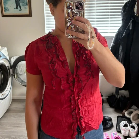 ZARA Red Silk Ruffled Blouse - Picture 2 of 4